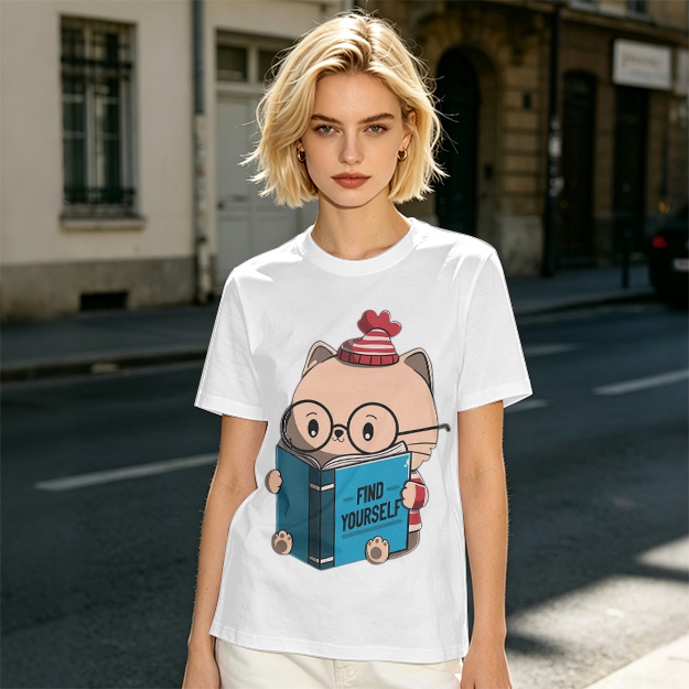 Olive T-shirt with Cute Reading Cat Graphic 'Find Yourself'