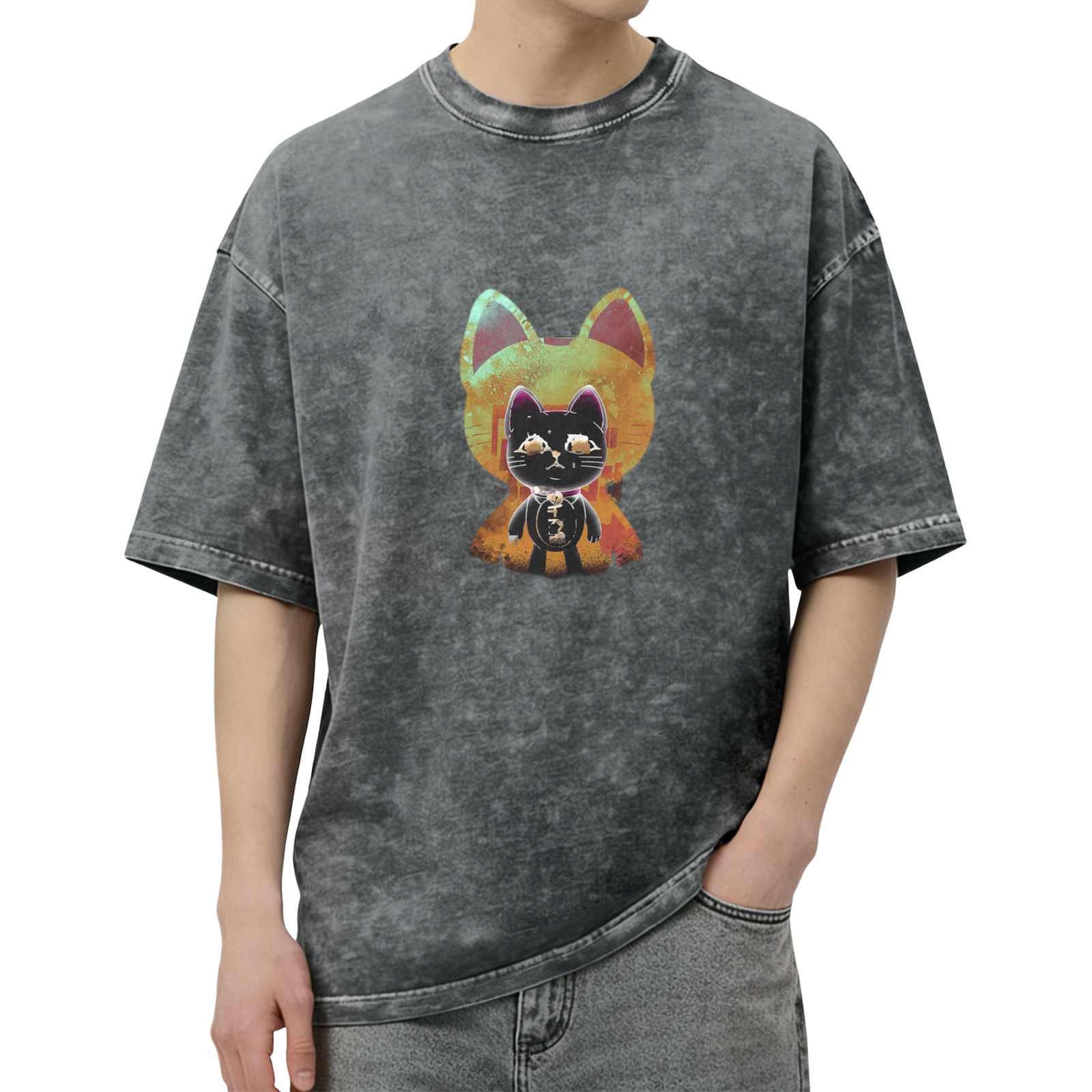 Washed Black T-Shirt With Stylized Cat Graphic Print