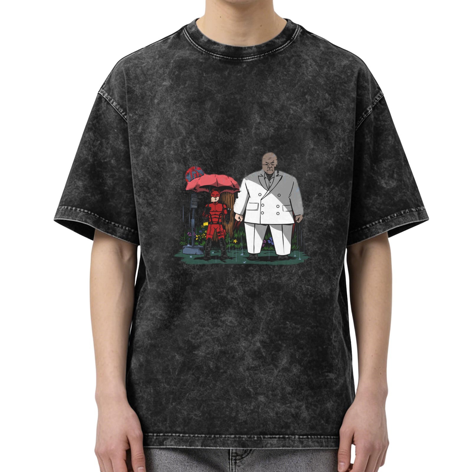 Washed black graphic t-shirt with Daredevil and Kingpin in rain