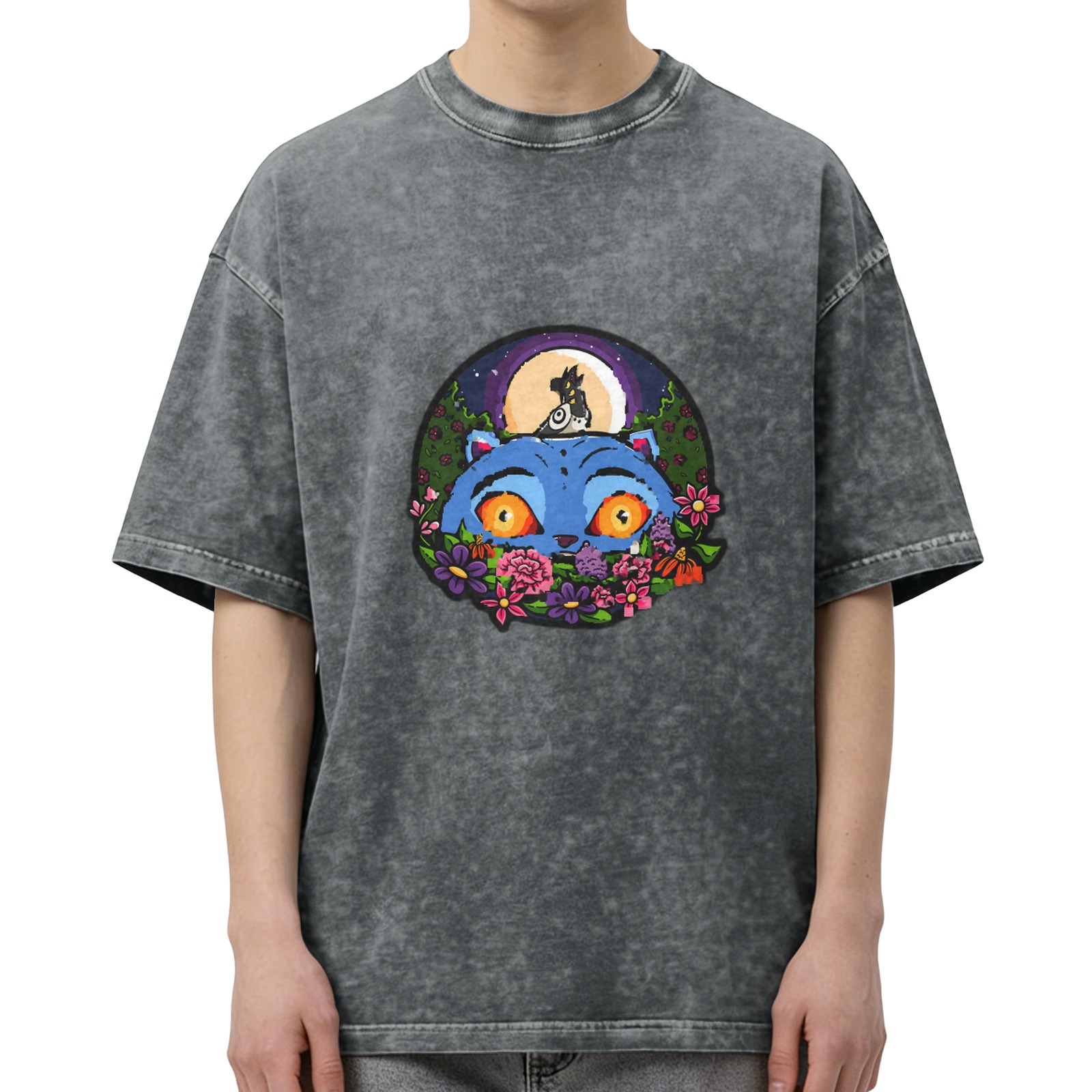 Washed Black T-Shirt With Blue Cat And Moon Floral Graphic