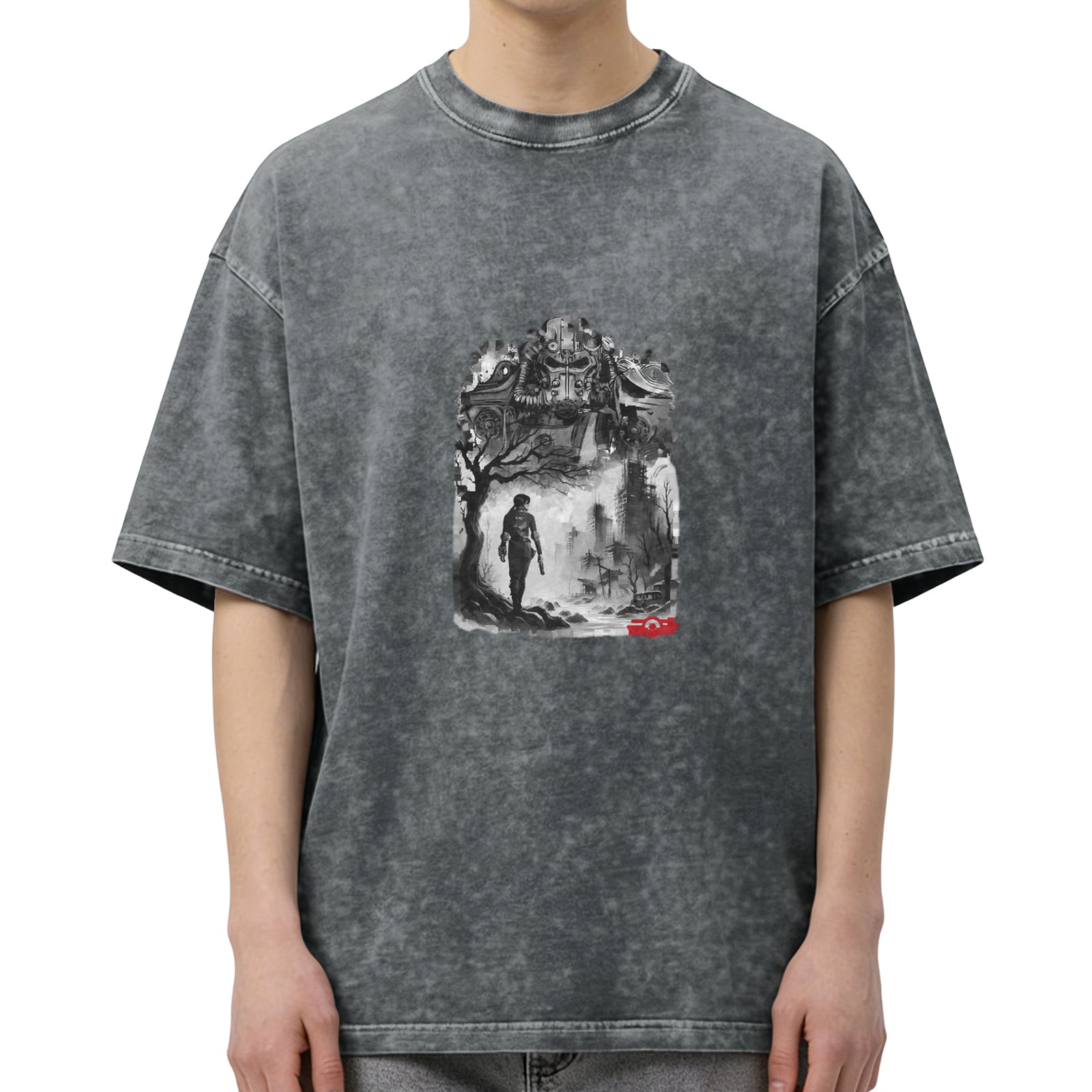 Distressed black wasteland style printed short-sleeved T-shirt