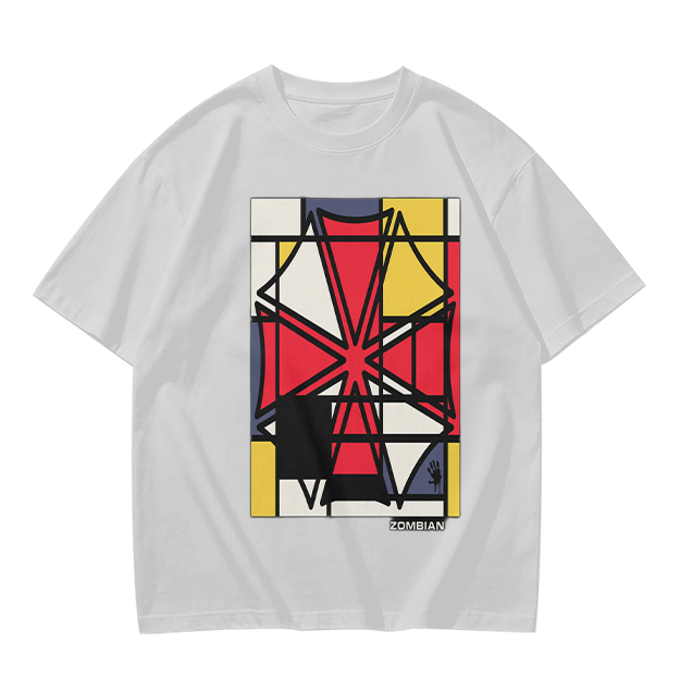 Olive T-Shirt with Mondrian-style Geometric Abstract Graphic Print