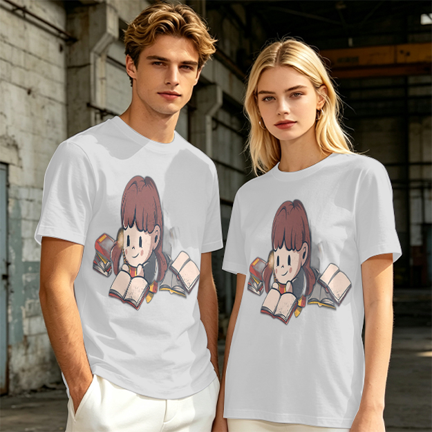 Olive T-shirt with Charming Girl Reading Books Graphic