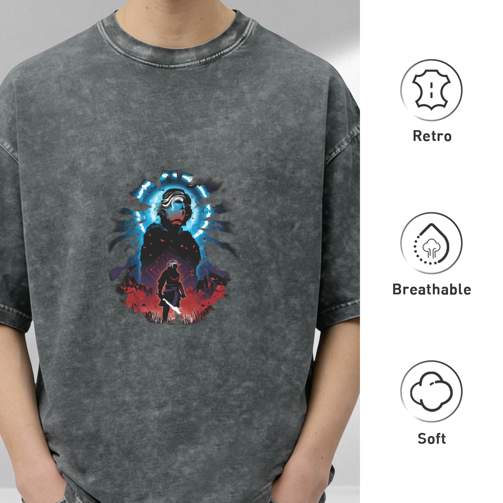 Washed Black Graphic T-Shirt With Fantasy Warrior Silhouette Print