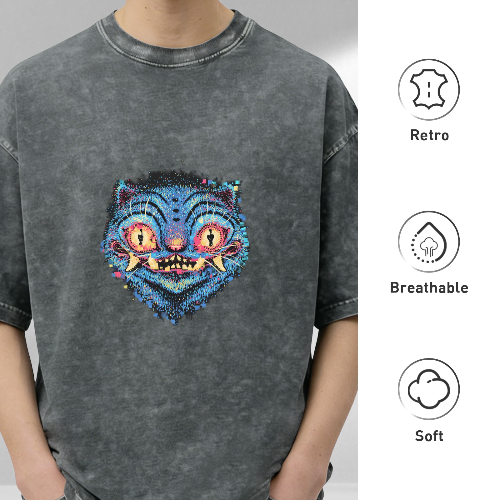 Oversized Acid Wash T-Shirt With Psychedelic Blue Cat Graphic