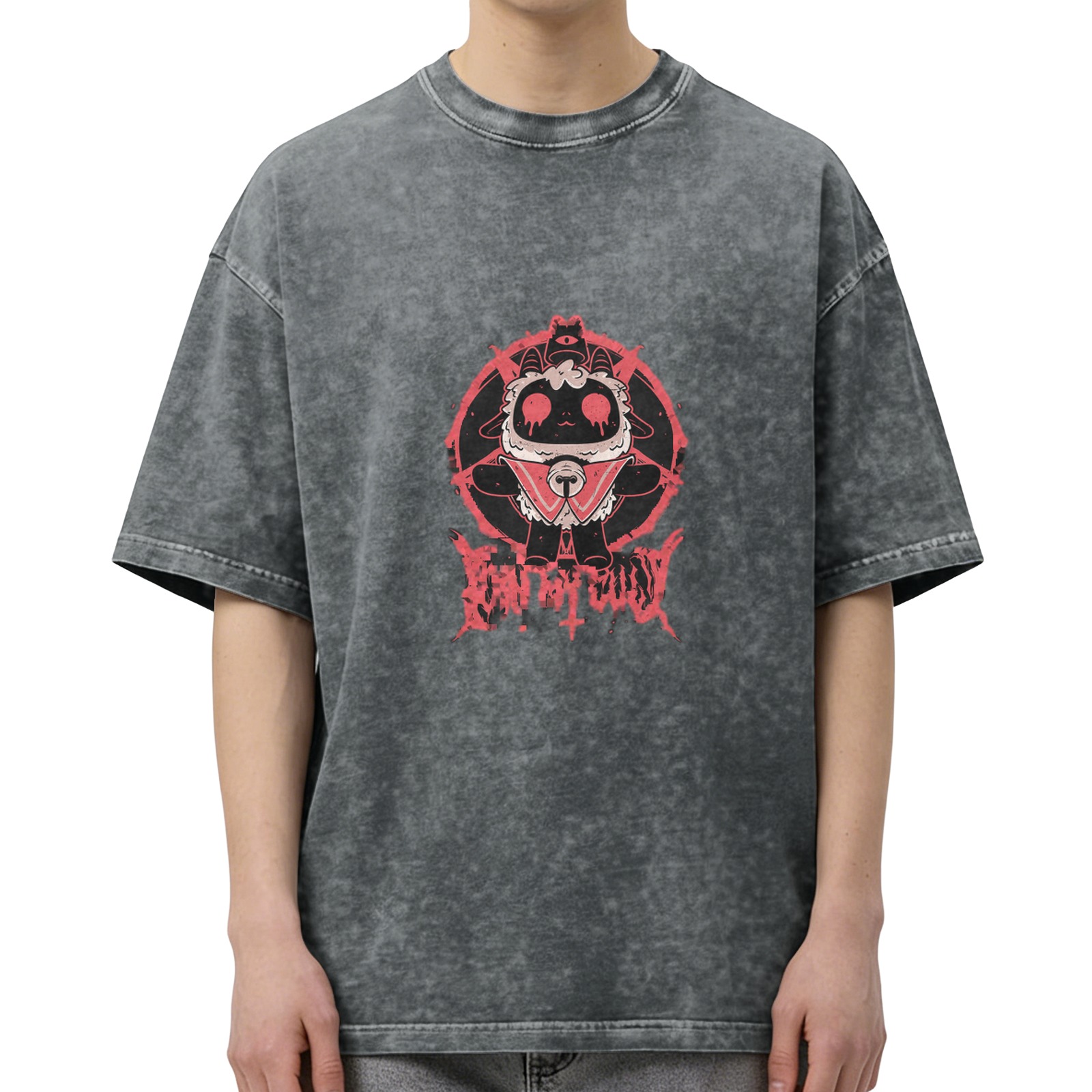 Cult of the Lamb Dark Gothic Graphic Oversized Stone Wash T-Shirt