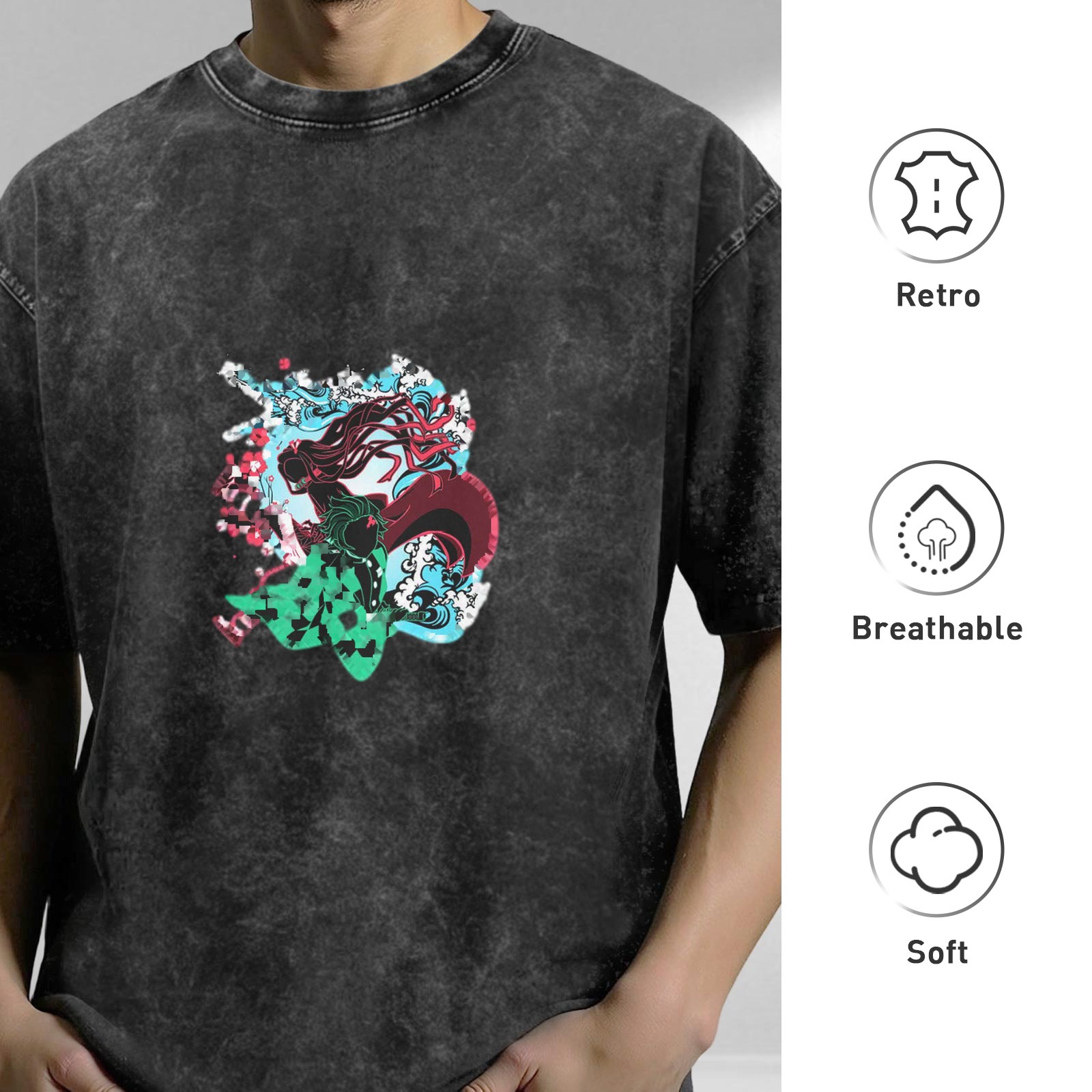 Oversized Vintage Wash Graphic T-Shirt with Anime Demon Slayer Character Print, Black Acid Wash Tee