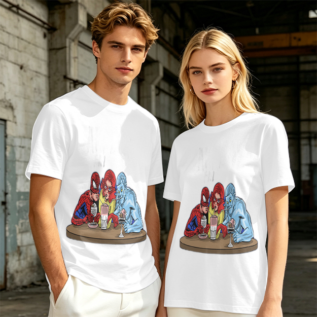 Olive T-Shirt With Superhero Characters Sharing Drinks Print
