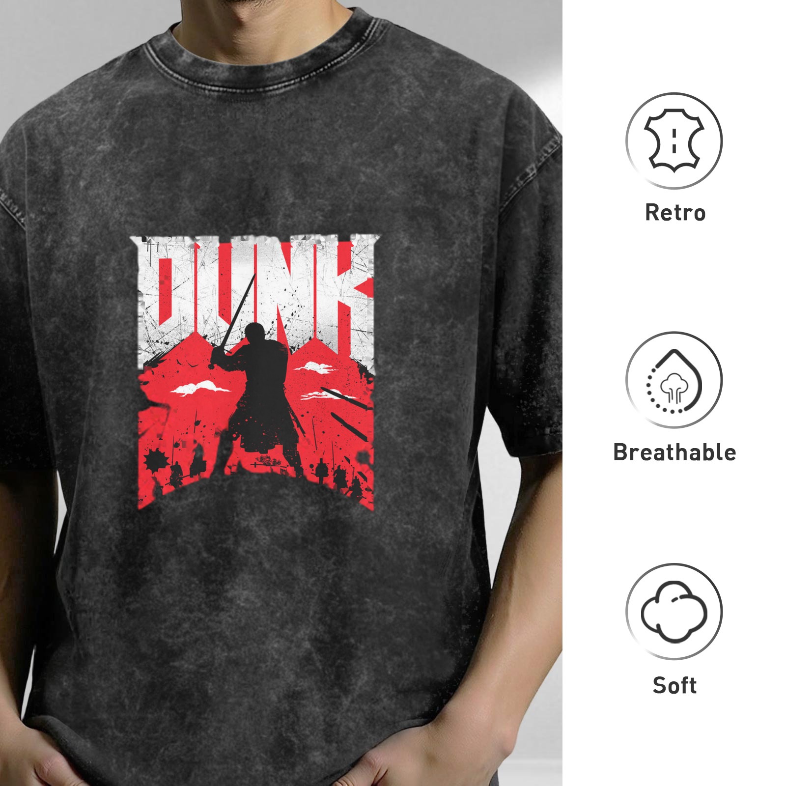 Oversized Dark Wash T-Shirt With Warrior Dunk Graphic Print