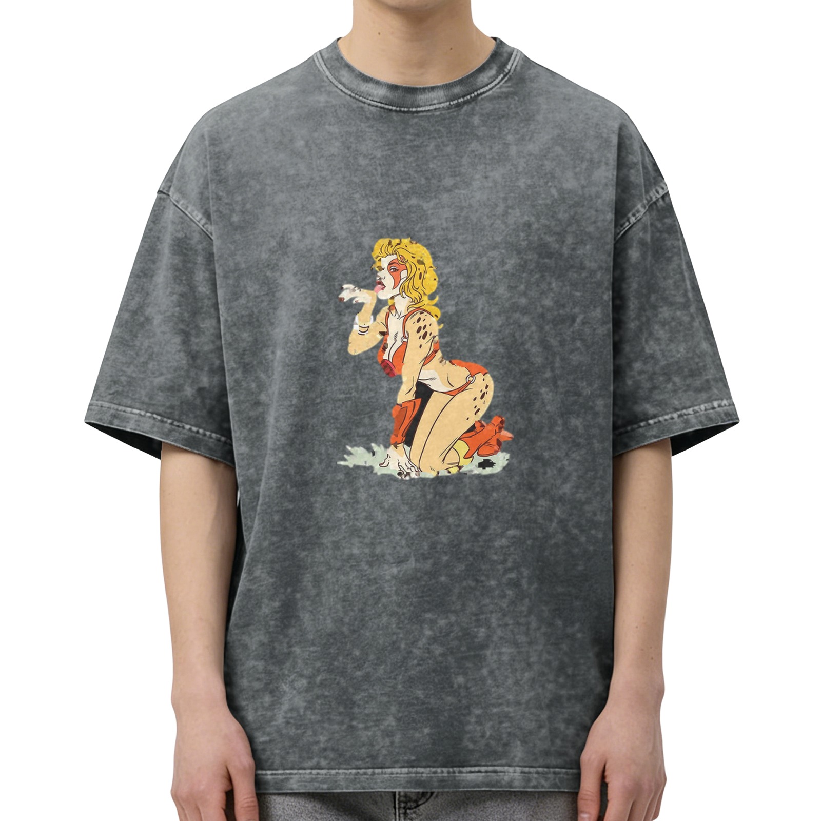 oversized acid wash t-shirt with retro cheetah girl graphic print