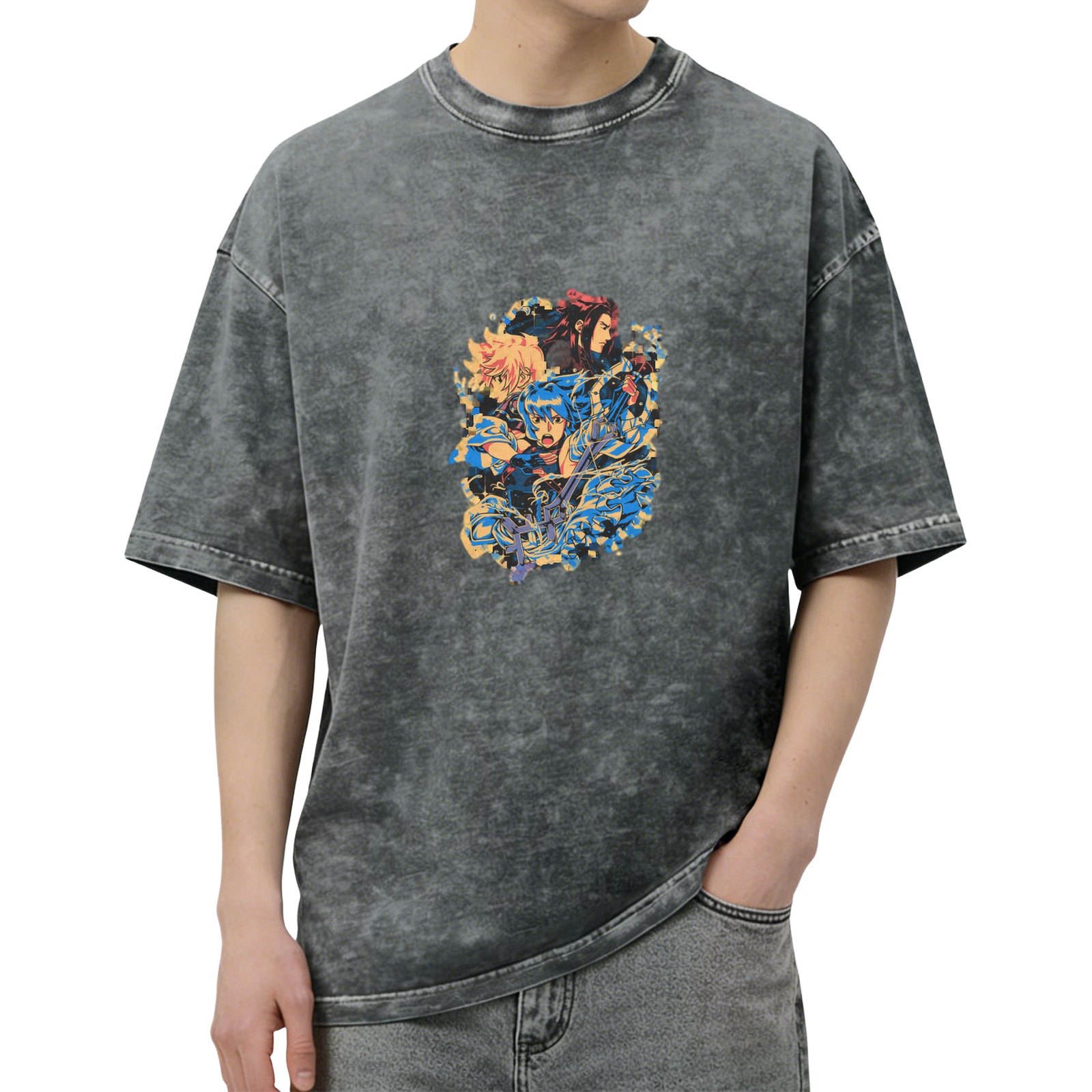 Anime Character Graphic Washed Black Oversized T-Shirt