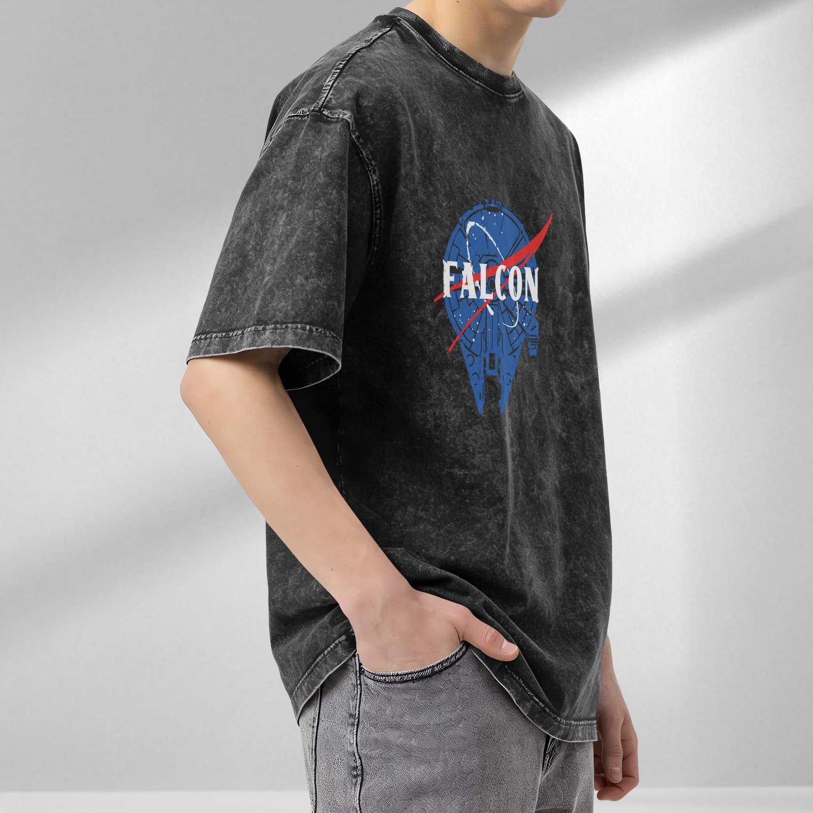 Distressed black Star Wars Millennium Falcon NASA style printed short-sleeved T-shirt Loose washed crew neck top