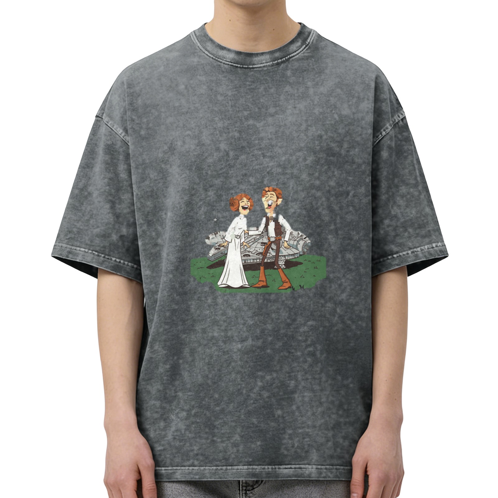 Washed black t-shirt with laughing Star Wars characters and Millennium Falcon print