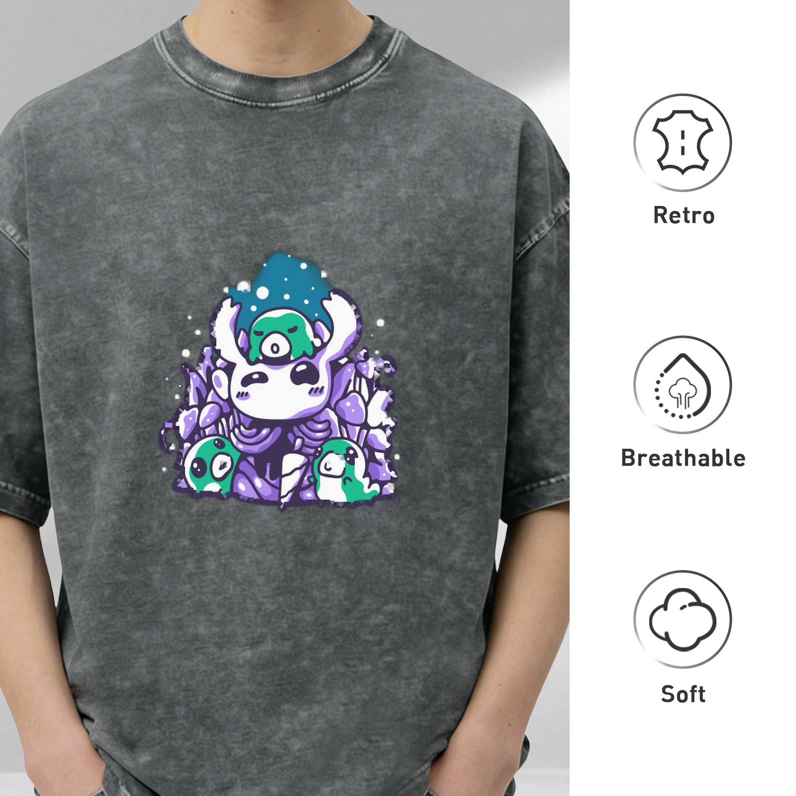 Oversized dark acid wash t-shirt with cute cartoon ghost and slime graphic