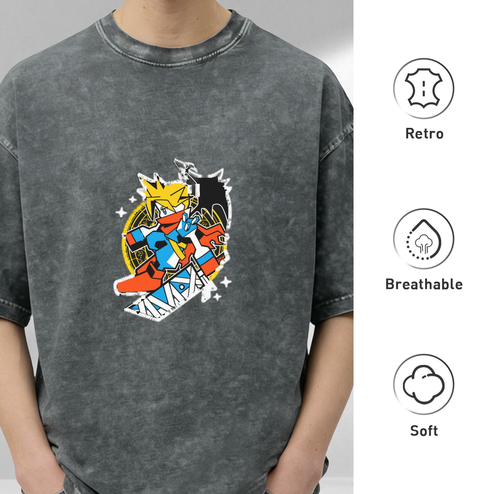 Washed black oversized t-shirt with anime-style graphic print
