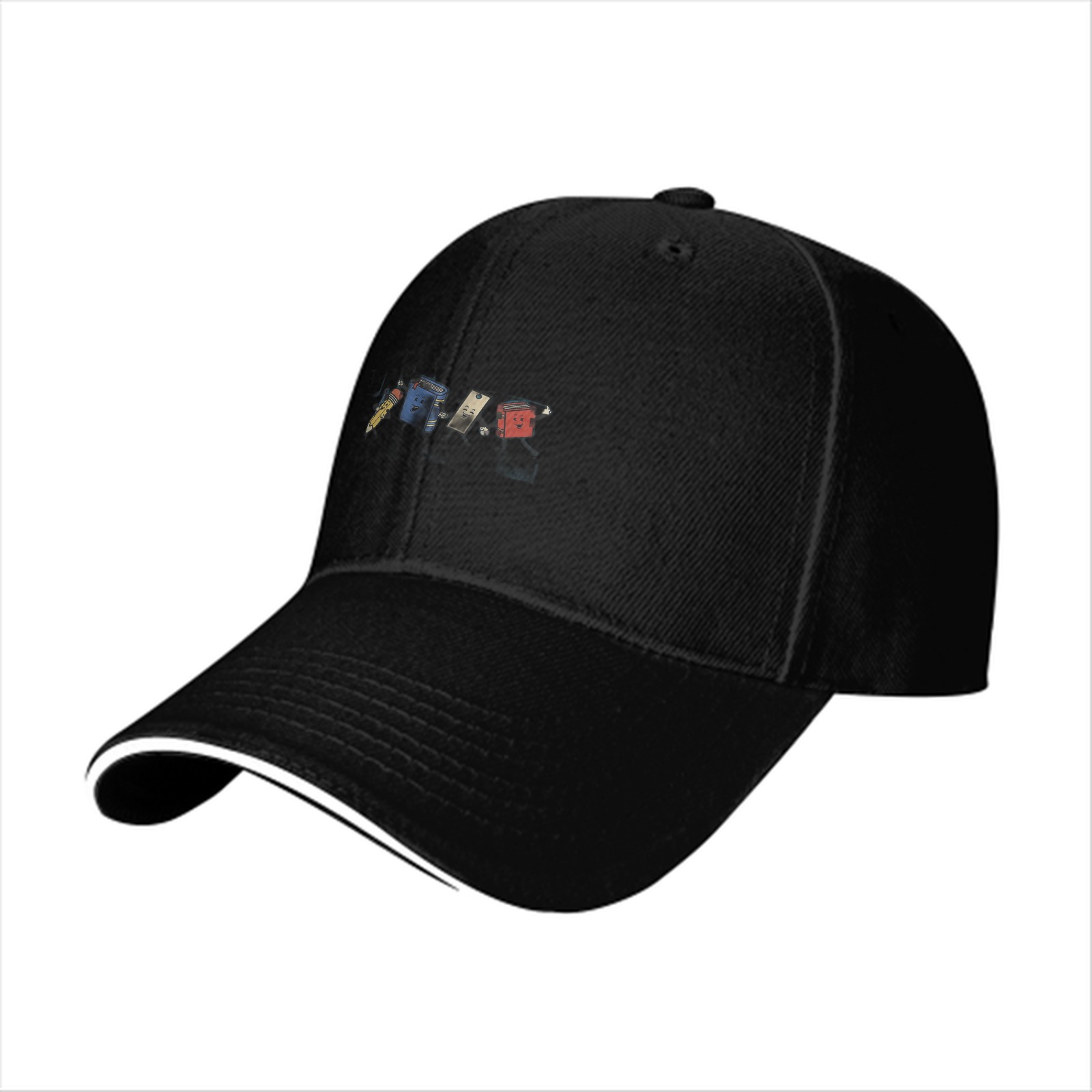 Black baseball cap with cartoon trash can character print