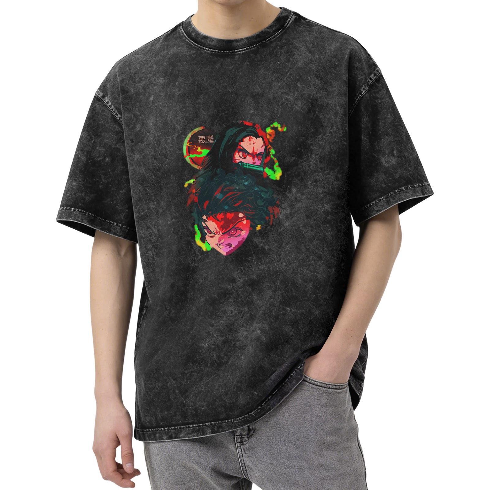 Demon Slayer themed distressed washed black loose short-sleeved T-shirt