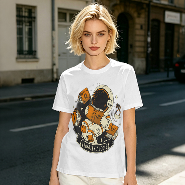 Astronaut Reading Book 'Finally Alone' Graphic T-Shirt Design