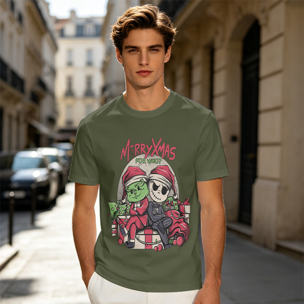 Olive Christmas T-Shirt With Grinch And Jack Skellington Holiday Print