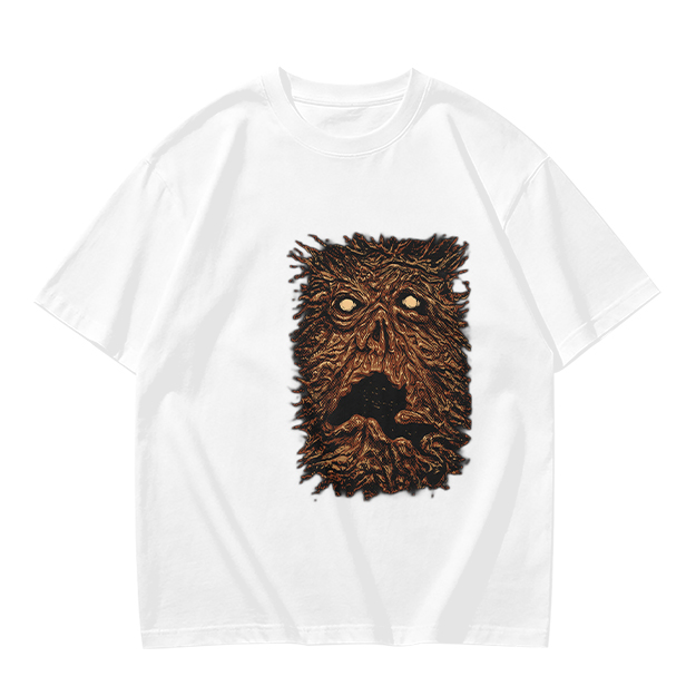 Olive Green T-Shirt with Spooky Tree Monster Face Print