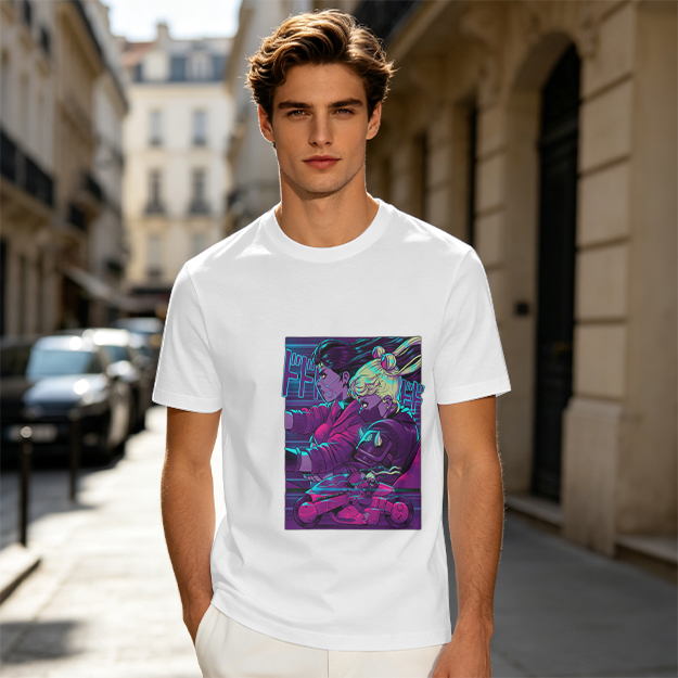 Olive T-shirt with Neon Cyberpunk Anime Character Print