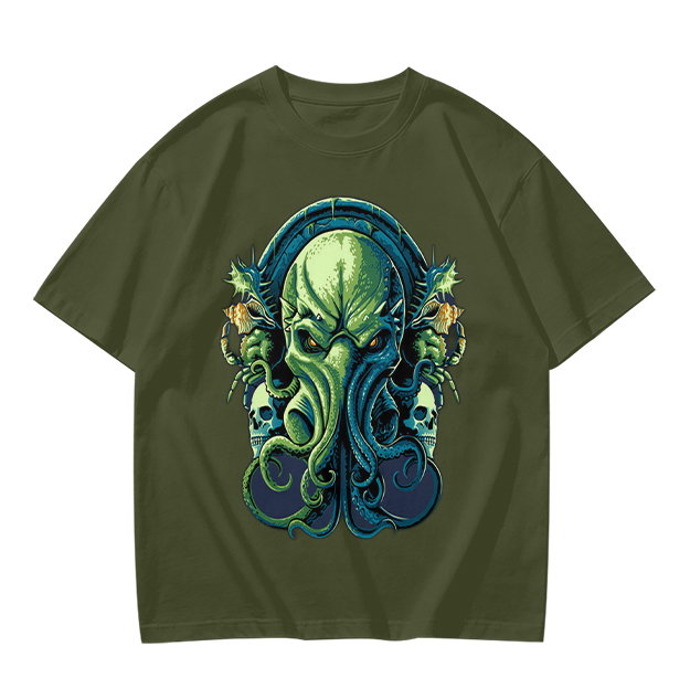 Olive Green T-Shirt With Cthulhu Skull Graphic Print