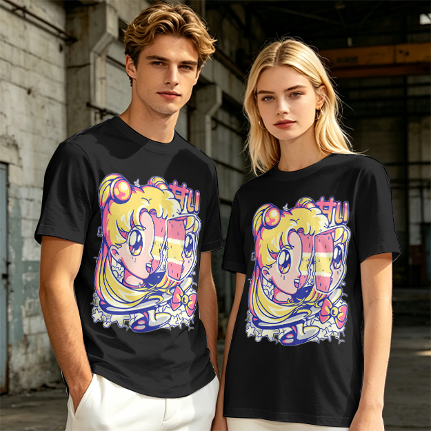 Olive T-Shirt With Glitch Anime Girl Graphic Print