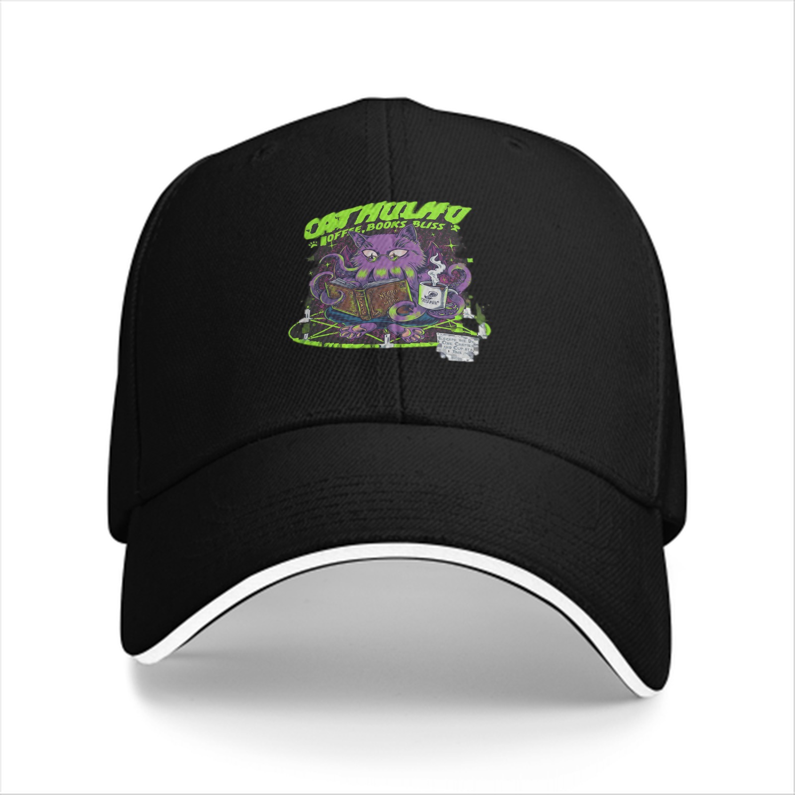Black baseball cap with Cathulhu coffee and books graphic