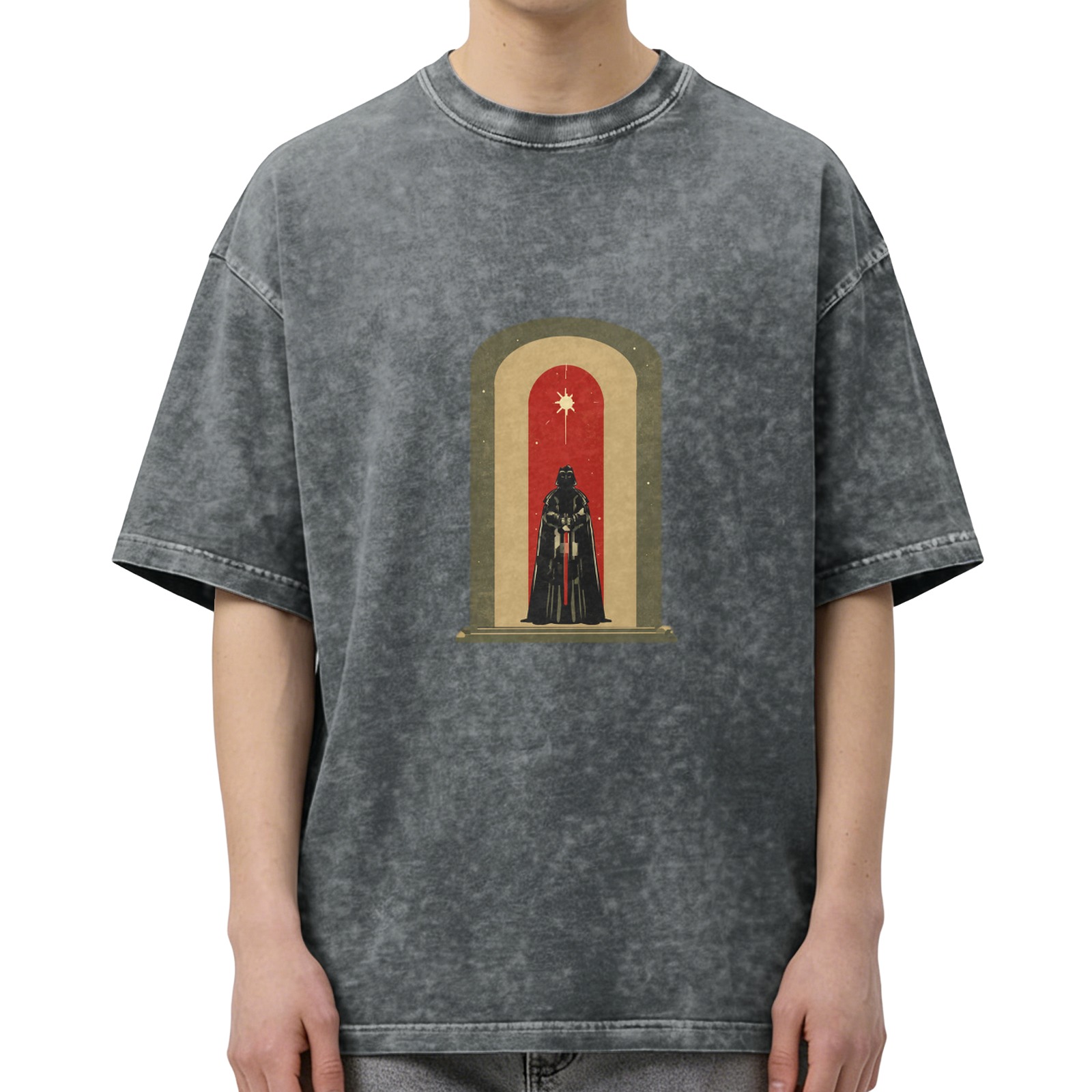 Washed black t-shirt with archway and dark warrior graphic