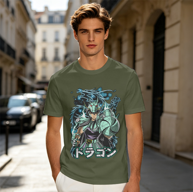 Olive T-shirt with Dragon Saint Seiya Anime Graphic Print