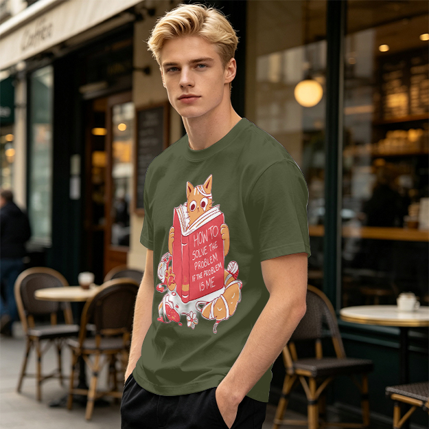 Olive T-Shirt With Ginger Cat Reading Self-Help Book Print
