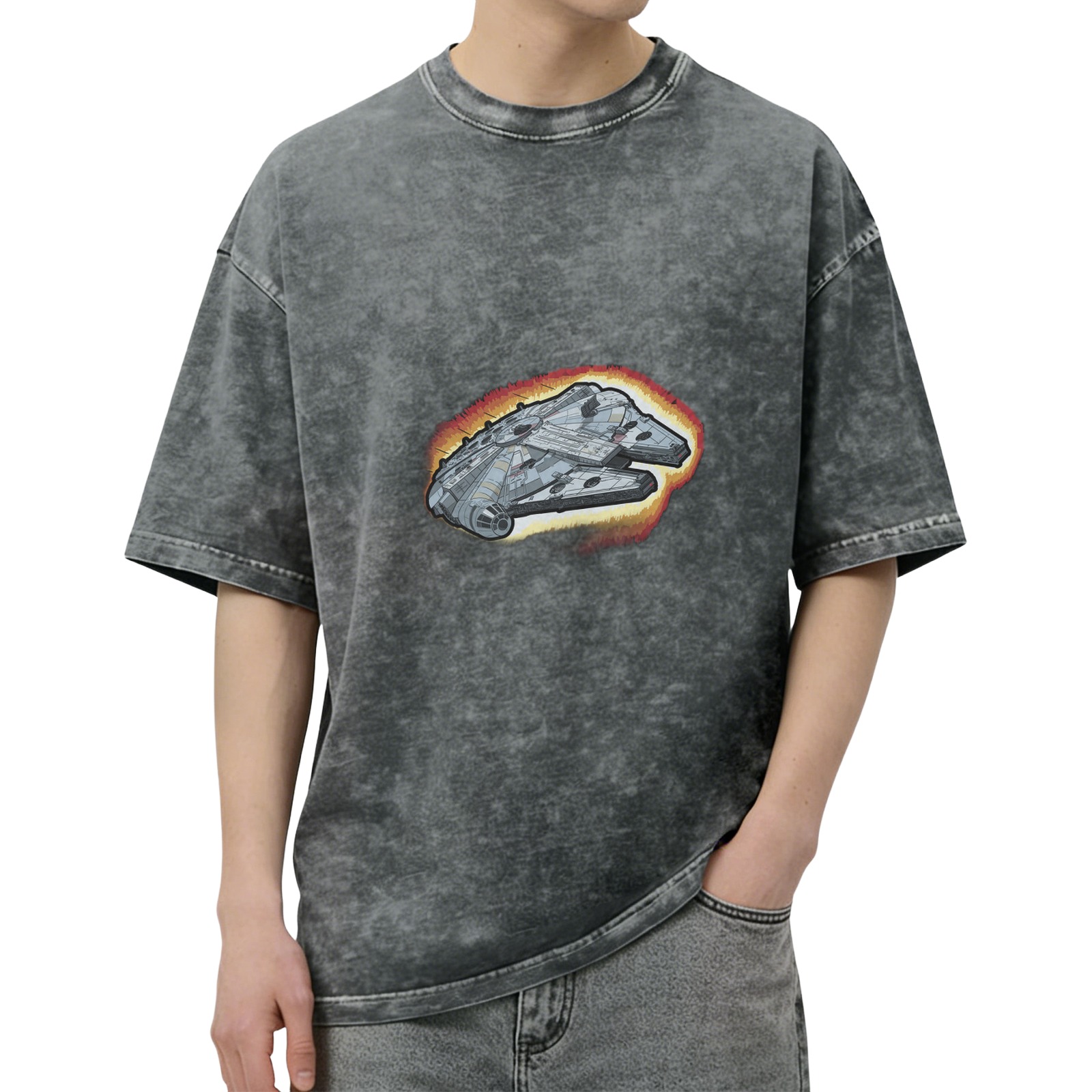 Oversized Acid Wash T-Shirt with Millennium Falcon Graphic
