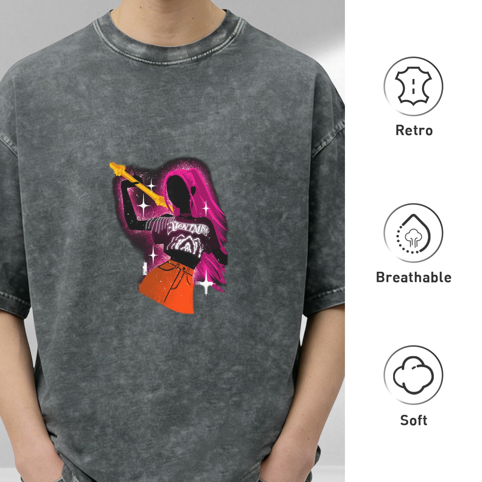 Washed black oversized graphic t-shirt with rock star silhouette print
