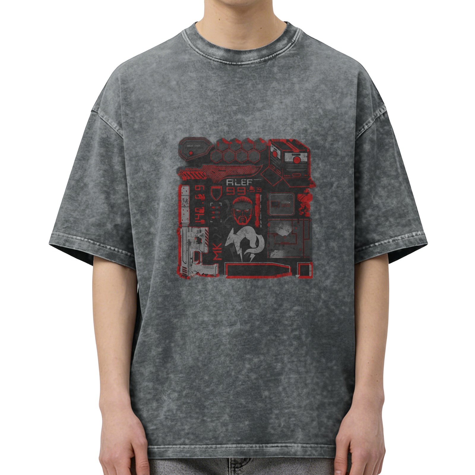 Oversized Stonewashed Black T-Shirt With Cyberpunk Tactical Graphic Print