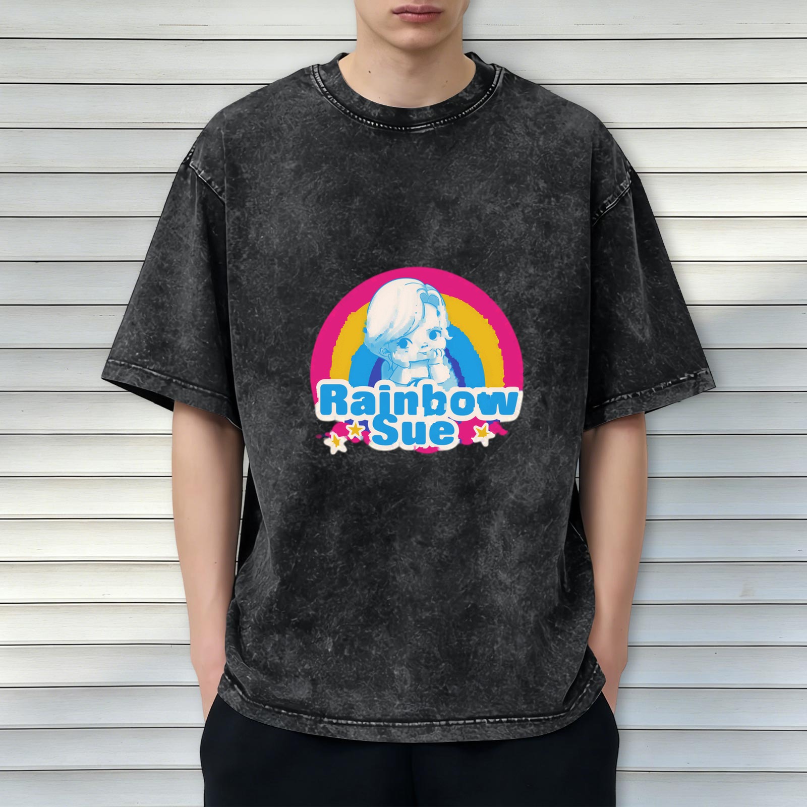 Oversized Dark Wash T-Shirt With Rainbow Sue Graphic Print