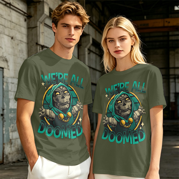 Olive T-Shirt Featuring 'We're All Doomed' Doom Character Art