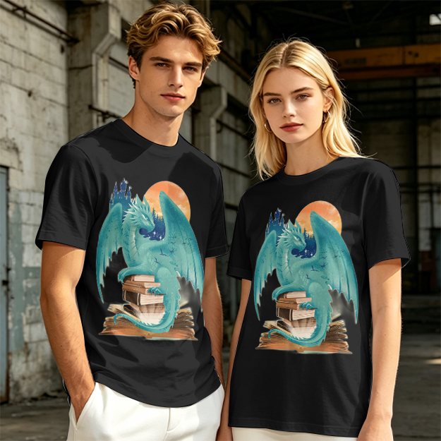 Teal Dragon Perched on Stacked Books Fantasy Graphic T-Shirt