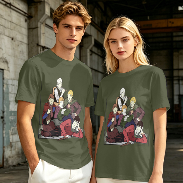 Olive T-shirt with Group of Fantasy Characters Graphic Print