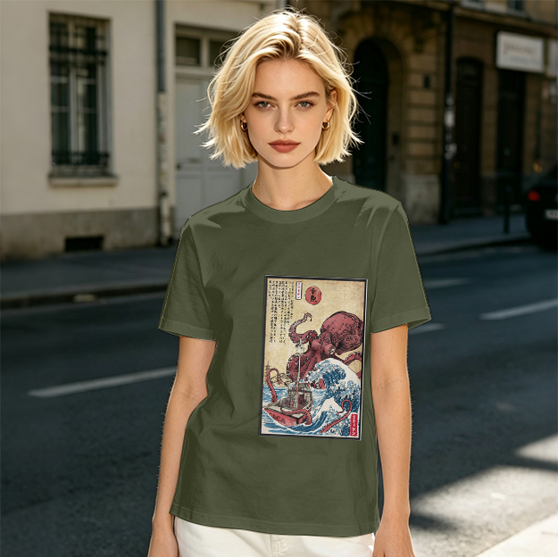 Olive T-shirt with Japanese octopus and wave woodblock print