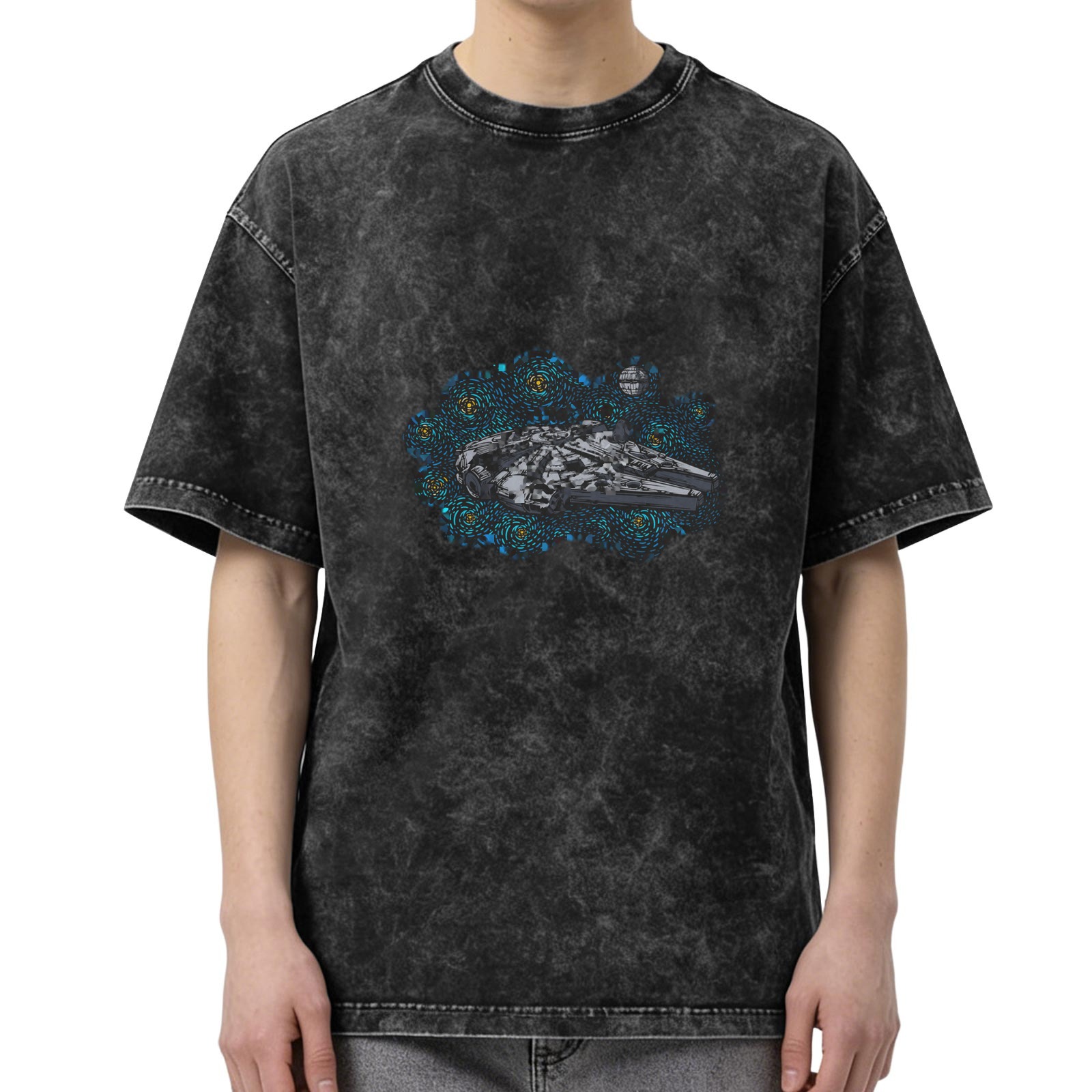 Distressed black Star Wars Millennium Falcon graphic short-sleeved T-shirt