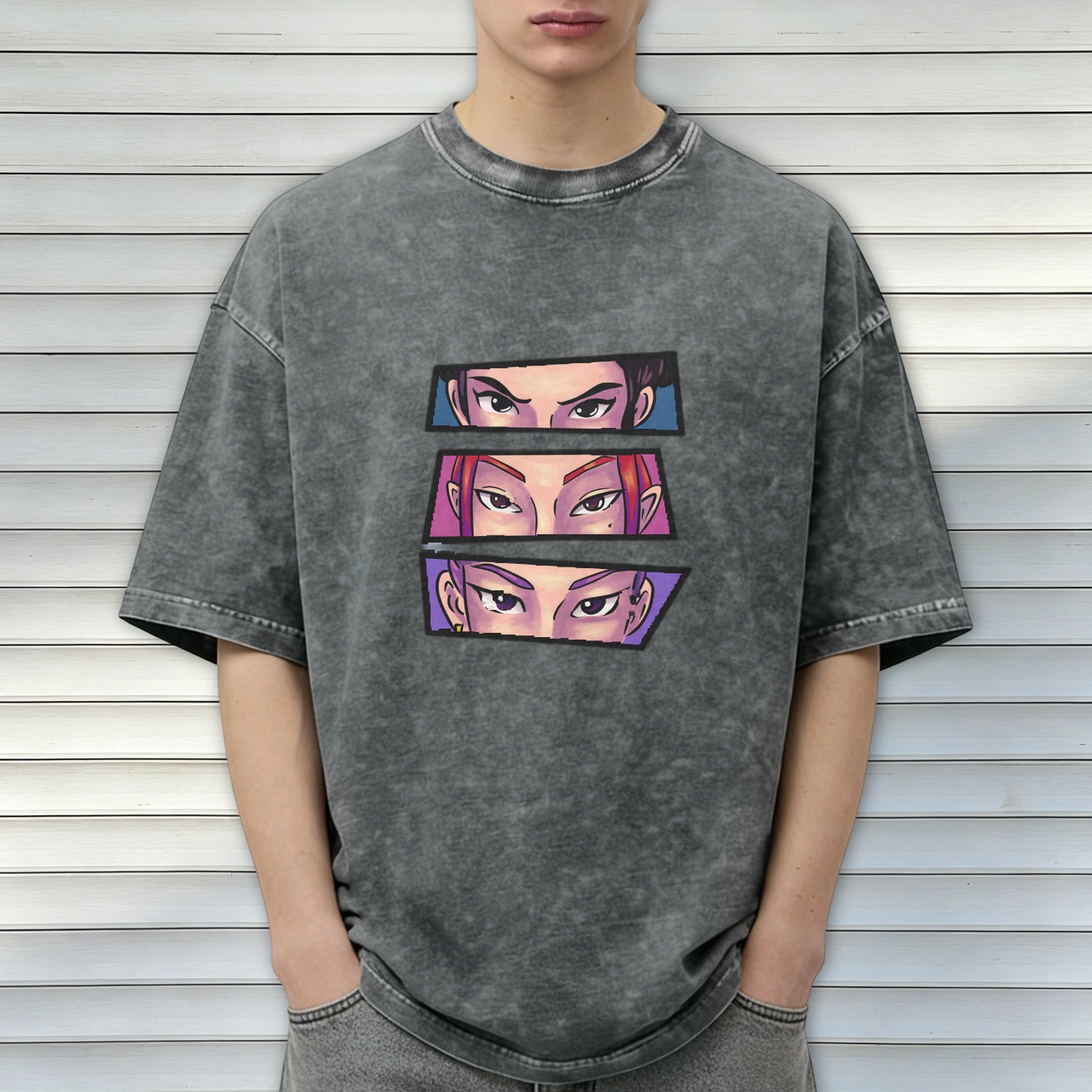 Oversized Acid Wash T-Shirt With Anime Eyes Graphic Print
