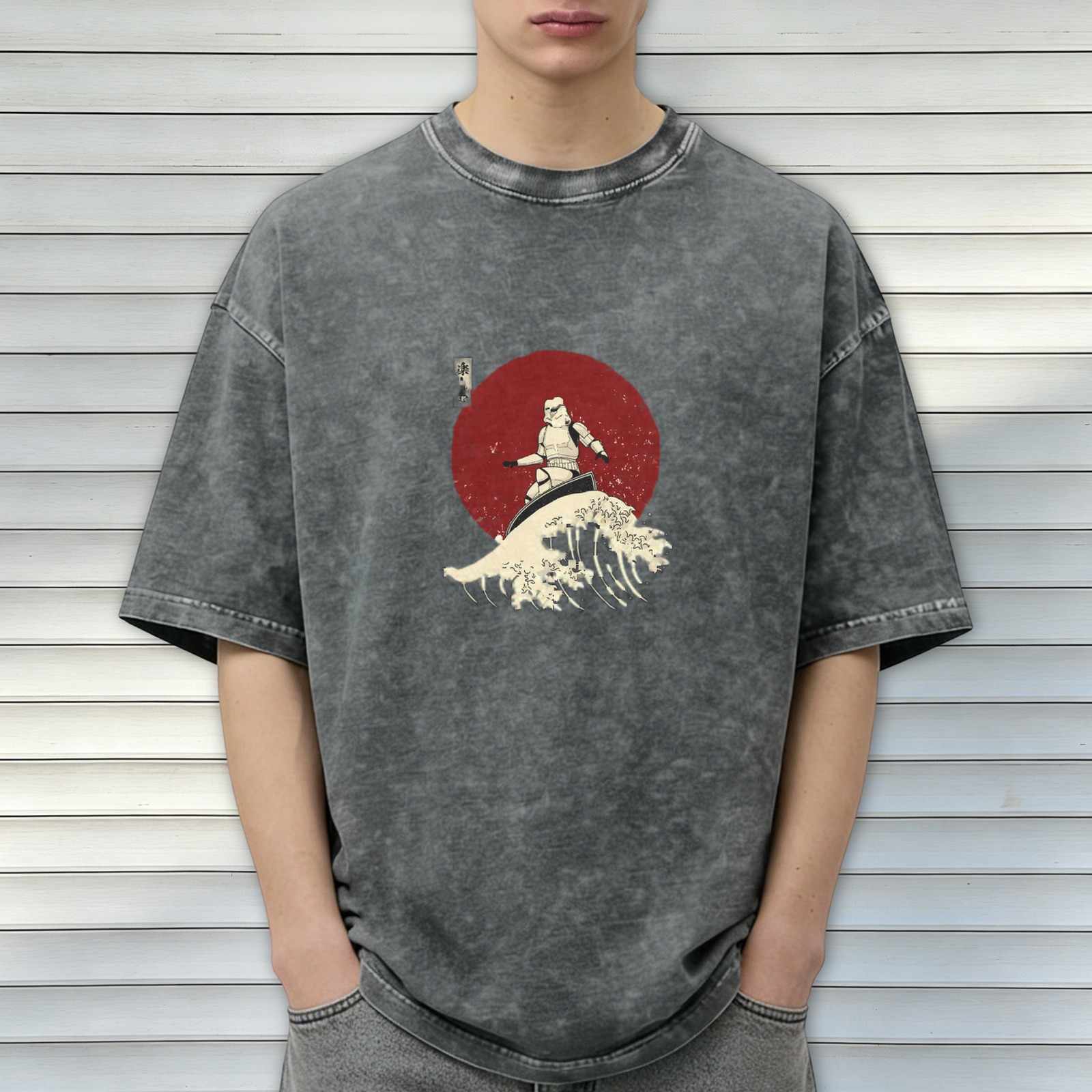 Oversized Stone-Washed Black T-Shirt with Surfer Stormtrooper & Great Wave Graphic Print