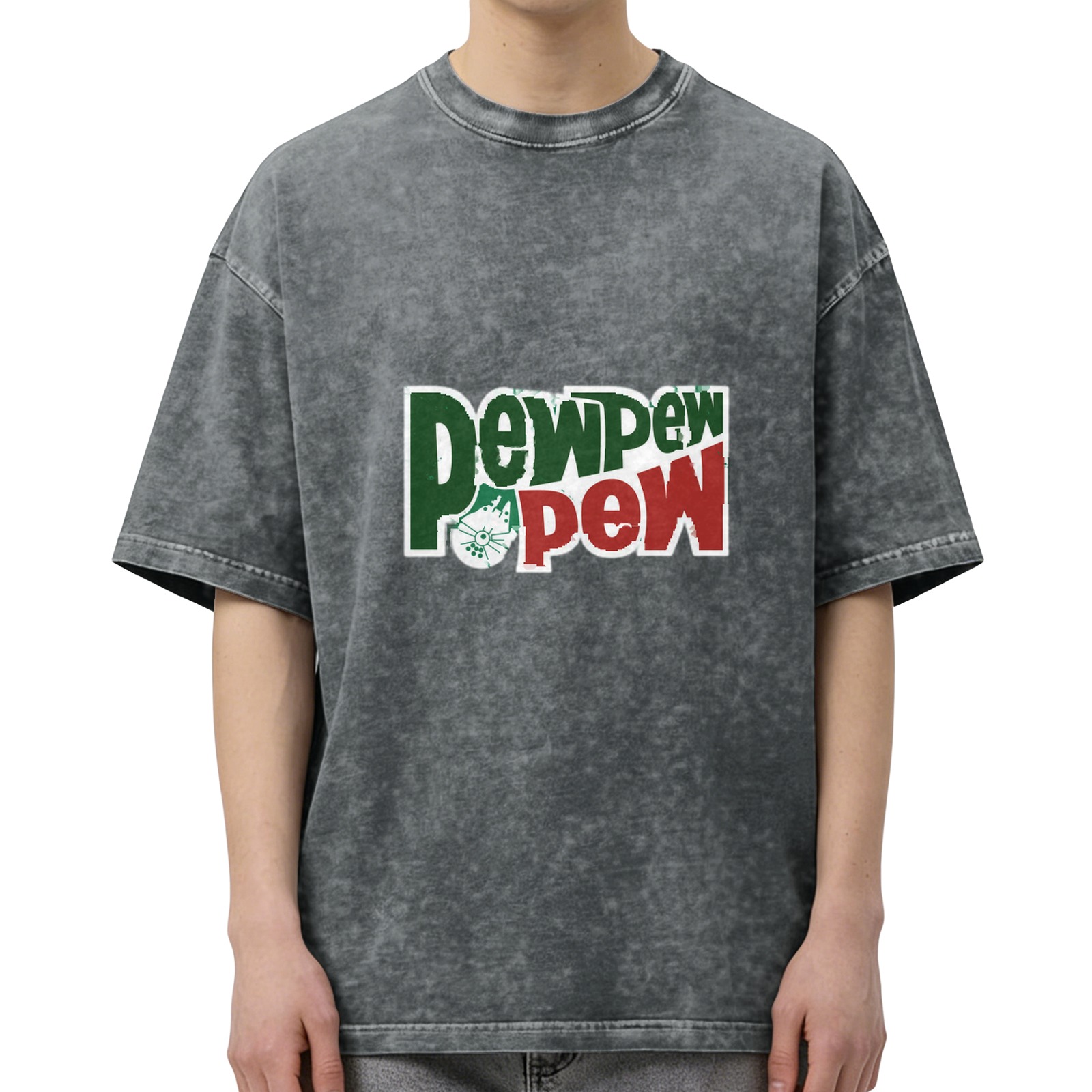 Distressed washed black loose short-sleeved T-shirt Fun Pew Pew Pew printed crew neck top