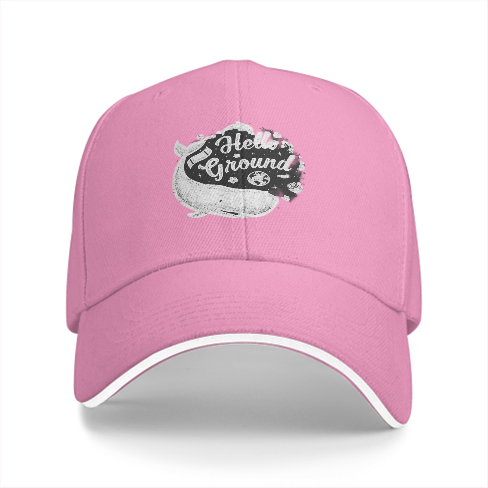 Black baseball cap with Hello Ground whale graphic print