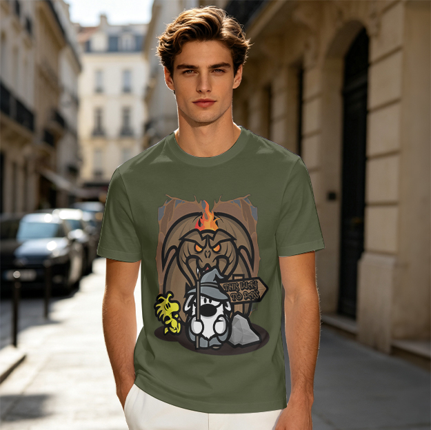 Olive t-shirt with wizard dog and dragon cave graphic
