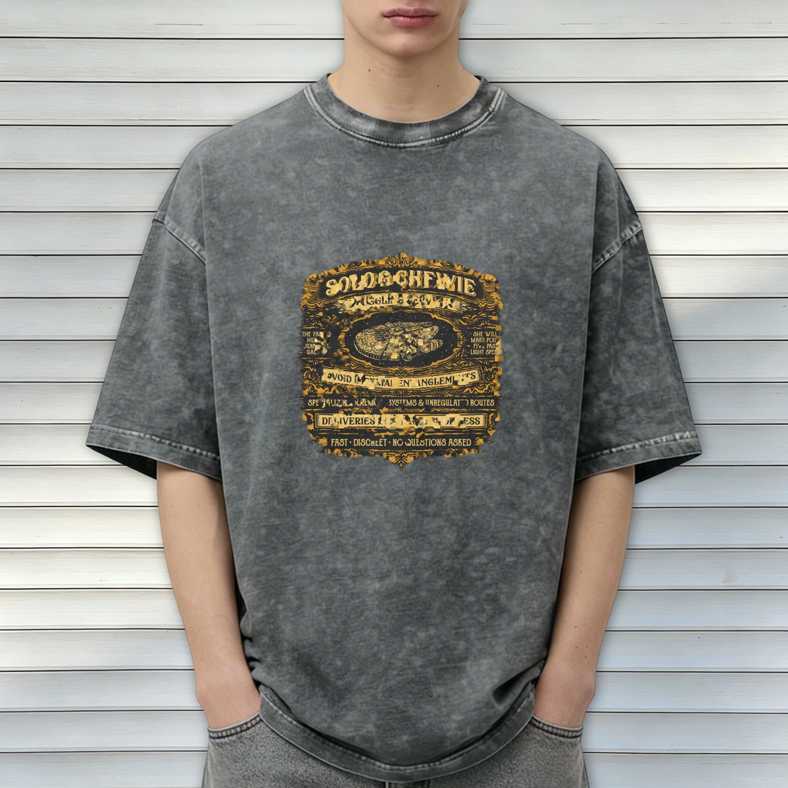 Distressed washed black retro-style printed short-sleeved T-shirt