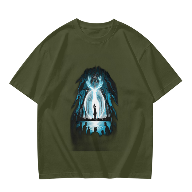 Olive T-Shirt With Glowing Deer Patronus Silhouette Art Print
