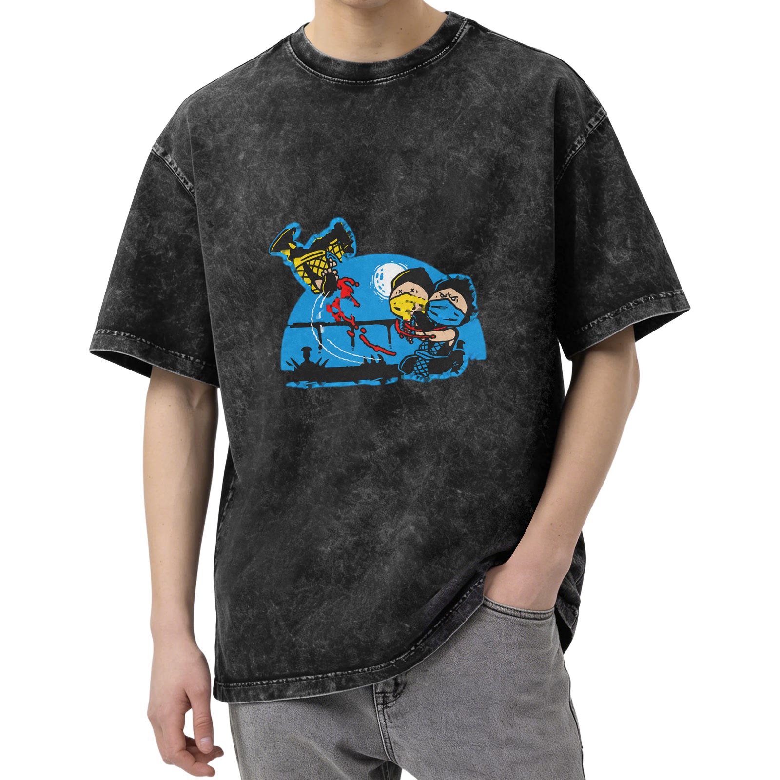 Washed Black Graphic T-Shirt With Cartoon Fight Scene Print
