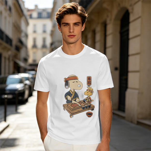 Olive T-shirt with Snoopy and Woodstock making sushi print