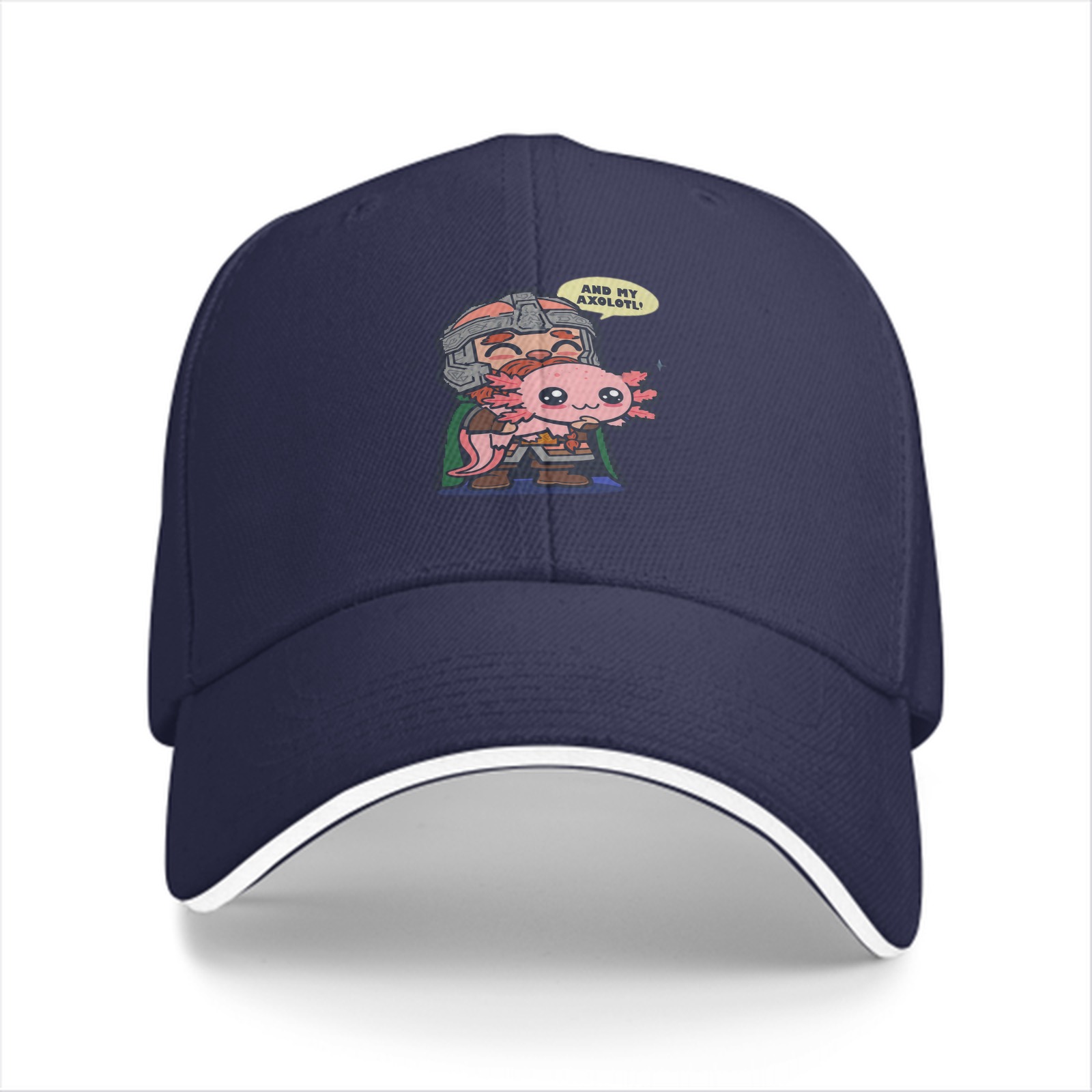 Black baseball cap with dwarf holding axolotl graphic